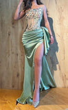 Classy Mermaid Strapless Green Satin Slit Prom Dresses Summer Wedding Guest Dresses Wedding Guest Outfits HZ1121
