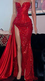 Classy Mermaid Sweetheart Red Sequin Slit Long Prom Dresses Summer Wedding Guest Dresses Wedding Guest Outfits HZ1121