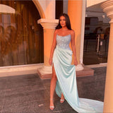 Classy Mermaid Spaghetti Straps Light Sky Blue Satin Long Prom Dresses Summer Wedding Guest Dresses Wedding Guest Outfits HZ1121