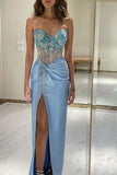 Sexy Mermaid Sweetheart Blue Satin Prom Dresses Formal Summer Wedding Guest Dresses Wedding Guest Outfits HZ1121
