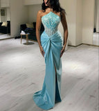 Sexy Mermaid Beads Blue Satin Prom Dresses Formal Summer Wedding Guest Dresses Wedding Guest Outfits HZ1121