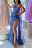 Gorgeous Mermaid One Shoulder Sequin Blue Prom Dresses Formal Summer Wedding Guest Dresses Wedding Guest Outfits HZ1121