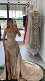 Sexy Mermaid Strapless Champagne Satin Prom Dress Long 30th Birthday Dress Birthday Outfits Graduation Dresses HZ1121