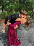 Sexy Sheath Spaghetti Straps Hot Pink High Slit Long 18th Birthday Dress Birthday Outfits Graduation Dresses HZ1121