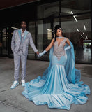 Pretty Mermaid V Neck Blue Silver Beads 18th Birthday Dress Prom Dress Birthday Outfits For Women HZ1121