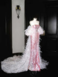 Vintage Mermaid Strapless Pink Sequins Long Prom Dress Party Dress Graduation Dresses Birthday Outfits HZ1121