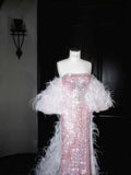 Vintage Mermaid Strapless Pink Sequins Long Prom Dress Party Dress Graduation Dresses Birthday Outfits HZ1121