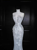 Vintage Mermaid Silver Gray Sequins Long Prom Dress Party Dress Graduation Dresses Birthday Outfits HZ1121