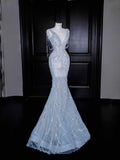 Gorgeous Mermaid V Neck Silver Beads Long Prom Dress Party Dress Graduation Dresses HZ1121