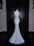 Gorgeous Mermaid V Neck Silver Beads Long Prom Dress Party Dress Graduation Dresses HZ1121