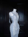 Gorgeous Mermaid V Neck Silver Beads Long Prom Dress Party Dress Graduation Dresses HZ1121