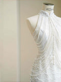 Pretty Bridal Gown Mermaid High Neck Sequin White Long Wedding Dresses Modest Bridal Gowns HZ1121