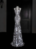 Sparkly Mermaid V Neck Silver Sequin Long Prom Dress Party Dress Graduation Dresses HZ1121