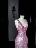 Sparkly Mermaid V Neck Pink Sequin Long Prom Dress Party Dress Graduation Dresses HZ1121