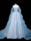 Modest Ball Gown Strapless Blue Tulle Long Prom Dress Party Dress Graduation Dresses HZ1121