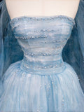 Modest Ball Gown Strapless Blue Tulle Long Prom Dress Party Dress Graduation Dresses HZ1121