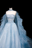 Modest Ball Gown Strapless Blue Tulle Long Prom Dress Party Dress Graduation Dresses HZ1121