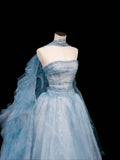 Modest Ball Gown Strapless Blue Tulle Long Prom Dress Party Dress Graduation Dresses HZ1121