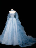Modest Ball Gown Strapless Blue Tulle Long Prom Dress Party Dress Graduation Dresses HZ1121