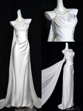 Dreamy Wedding Dress Sheath Strapless White Satin Summer Beach Long Wedding Dresses Bridal Gowns HZ1121