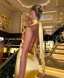 Classy Sheath V Neck Yellow Satin Prom Dresses Formal Summer Wedding Guest Dresses Wedding Guest Outfit HZ1121