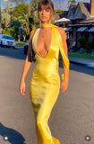 Classy Sheath V Neck Yellow Satin Prom Dresses Formal Summer Wedding Guest Dresses Wedding Guest Outfit HZ1121