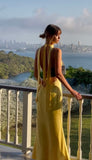 Classy Sheath V Neck Yellow Satin Prom Dresses Formal Summer Wedding Guest Dresses Wedding Guest Outfit HZ1121
