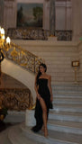 Classy A line Strapless Black Tulle Prom Dresses Formal Summer Wedding Guest Dresses With Slit Wedding Guest Outfit HZ1121