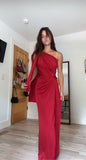 Sexy Sheath One Shoulder Red Prom Dresses Formal Summer Wedding Guest Dresses With Scarf Wedding Guest Outfit HZ1121