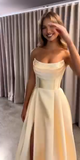 Modest A line Strapless Yellow Slit Satin 20th Birthday Dress Prom Dress 18th Birthday Outfits For Women HZ1121