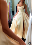 Modest A line Strapless Yellow Slit Satin 20th Birthday Dress Prom Dress 18th Birthday Outfits For Women HZ1121