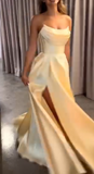 Modest A line Strapless Yellow Slit Satin 20th Birthday Dress Prom Dress 18th Birthday Outfits For Women HZ1121
