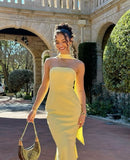 Sexy Sheath Strapless Yellow Knee Length Prom Dresses Formal Summer Wedding Guest Dresses Wedding Guest Outfit HZ1121