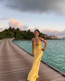Modest A line Spaghetti Straps Yellow Satin 20th Birthday Dress Prom Dress 18th Birthday Outfits For Women HZ1121