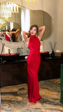 Classy A line High Neck Red Satin Prom Dresses Formal Summer Wedding Guest Dresses Wedding Guest Outfit HZ1121