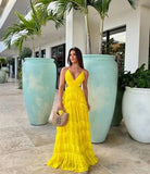 Modest A line Spaghetti Straps Yellow Chiffon Prom Dresses Formal Summer Spring Wedding Guest Dresses Wedding Guest Outfit HZ1121