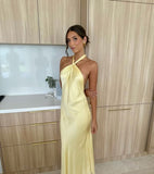 Modest A line High Neck Yellow Satin Backless Prom Dresses Formal Summer Spring Wedding Guest Dresses Wedding Guest Outfit HZ1121