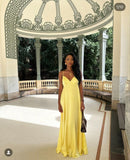 Sexy A line Spaghetti Straps Yellow Satin Long Prom Dresses Formal Summer Wedding Guest Dresses Wedding Guest Outfit HZ1121