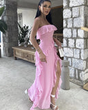 Modest A line Strapless Chiffon Pink 20th Birthday Dress Slit Prom Dress 18th Birthday Outfits Holiday Outfit HZ1121