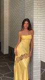 Sexy Sheath Spaghetti Straps Yellow Backless Lace Long Prom Dresses Formal Summer Wedding Guest Dresses Wedding Guest Outfit HZ1121