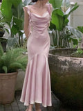 Sexy Mermaid Straps Pink Satin Prom Dresses Formal Summer Wedding Guest Dresses Wedding Guest Outfit HZ1121