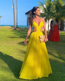 Classy A line Spaghetti Straps Yellow Chiffon Prom Dresses Formal Summer Wedding Guest Dresses Wedding Guest Outfit HZ1121