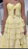 Classy A line Sweetheart Chiffon Slit Light Yellow Long Prom Dresses Formal Summer Wedding Guest Dresses Wedding Guest Outfit HZ1121