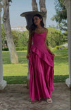 Sexy A line Spaghetti Straps Hot Pink Satin Prom Dresses Formal Summer Wedding Guest Dresses Wedding Guest Outfit HZ1121