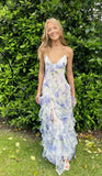 Elegant Sheath Spaghetti Straps Floral Blue Slit Prom Dresses Formal Summer Wedding Guest Dresses Wedding Guest Outfit HZ1121
