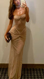 Classy Sheath Sweetheart Sequin Champagne Long Prom Dresses Formal Summer Wedding Guest Dresses Wedding Guest Outfit HZ1121