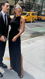 Elegant Sheath High Neck Black Slit Long Prom Dresses Formal Summer Wedding Guest Dresses Wedding Guest Outfit HZ1121
