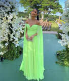 Classy A line Off The Shoulder Green Chiffon Long Prom Dresses Formal Summer Wedding Guest Dresses Wedding Guest Outfit HZ1121