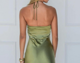 Modest Sheath Halter Neck Green Satin 20th Birthday Dress Prom Dress 21st Birthday Outfits For Women HZ1121