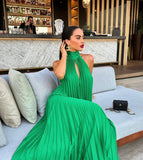 Classy A line High Neck Green Chiffon Long Prom Dresses Formal Summer Wedding Guest Dresses Wedding Guest Outfit HZ1121